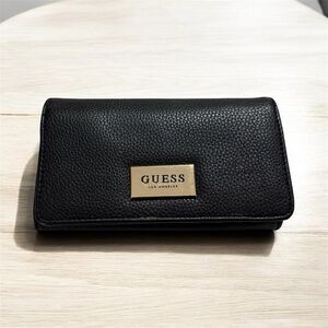 GUESS Black Pebbled Trifold Wallet Gold Logo